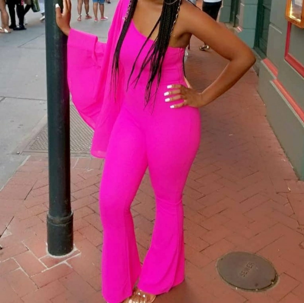 Pink, Stretchy, Off the shoulder, Flared, Jumpsuit